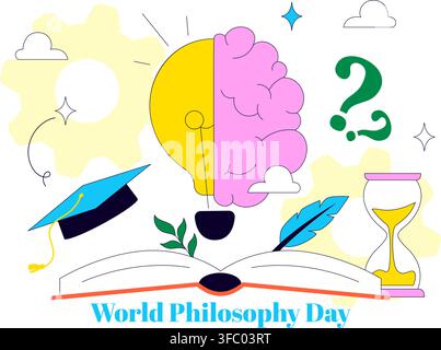 World Philosophy Day Vector Illustration Featuring Books, Ancient Philosopher, Light Bulb, Apple, Brain, Knowledge and Critical Thinking Stock Vector
