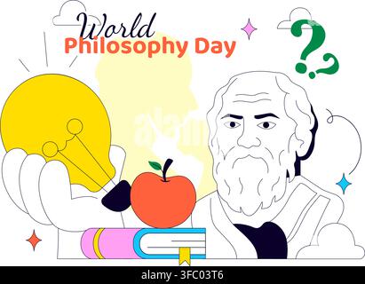 World Philosophy Day Vector Illustration Featuring Books, Ancient Philosopher, Light Bulb, Apple, Brain, Knowledge and Critical Thinking Stock Vector