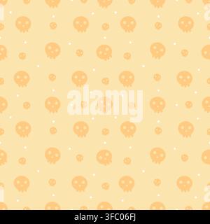 Cute kawaii skull seamless pattern in soft pastel yellow and orange tones with tiny white dots. Playful Halloween design for fabric, wallpaper, wrappi Stock Vector