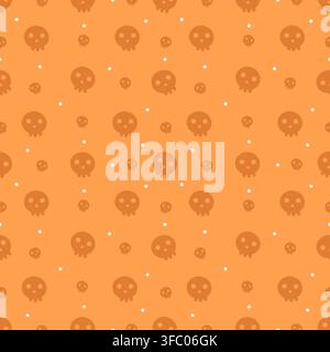 Cute kawaii skull seamless pattern in bright orange tones with tiny white dots. Fun spooky Halloween background for fabric, wallpaper, wrapping paper Stock Vector
