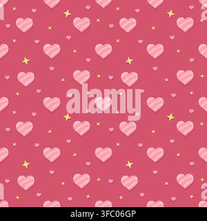 Cute seamless Valentine pattern with pink striped hearts, tiny hearts and sparkling stars on a romantic pink background. Perfect for wrapping paper, f Stock Vector