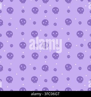 Cute kawaii skull seamless pattern in soft pastel purple tones with tiny white dots. Whimsical creepy cute Halloween design for fabric, wallpaper, wra Stock Vector