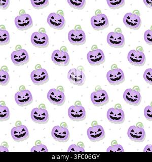 Cute seamless Halloween pattern featuring pastel purple pumpkins with spooky smiling faces, green stems and small geometric decorations on a clean whi Stock Vector