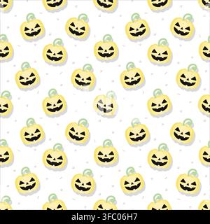 Cute seamless Halloween pattern featuring pastel yellow pumpkins with spooky smiling faces, green stems and small geometric decorations on a clean whi Stock Vector