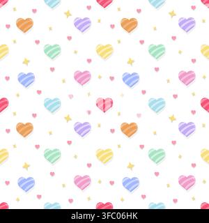Playful seamless Valentine pattern with colorful pastel striped hearts, tiny pink hearts and sparkling stars on a white background. Cute romantic desi Stock Vector