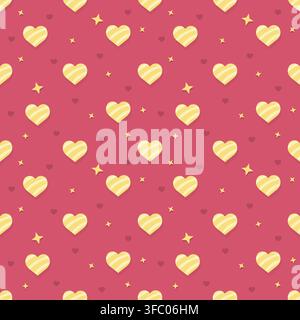 Cute seamless Valentine pattern with yellow striped hearts, tiny hearts and sparkling stars on a romantic pink background. A playful love design for w Stock Vector
