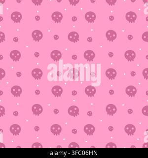 Cute kawaii skull seamless pattern in vibrant pink tones with tiny white dots. Fun creepy cute Halloween design for fabric, wallpaper, wrapping paper Stock Vector