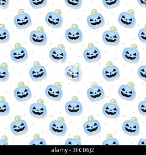 Cute seamless Halloween pattern featuring pastel blue pumpkins with spooky smiling faces, green stems and small geometric decorations on a clean white Stock Vector