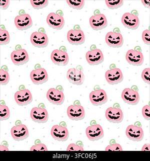 Cute seamless Halloween pattern featuring pastel pink pumpkins with spooky smiling faces, green stems and small geometric decorations on a clean white Stock Vector