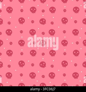 Cute kawaii skull seamless pattern in soft coral pink tones with tiny white dots. Adorable creepy cute Halloween background for fabric, wallpaper, wra Stock Vector