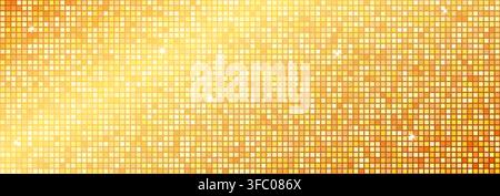 Light gold shining disco party background. Iridescent golden gradient sparkling glitter sequin texture. Retro discoball mirror mosaic wallpaper. Abstract glowing halftone sparkle backdrop. Vector  Stock Vector