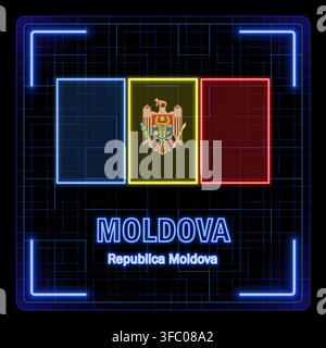 Moldova flag symbol. Tech cyber data concept, editable strokes flag collection, bright neon design. Stock Vector