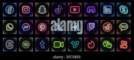 Cyber tech neon social media icons set, glowing outline vector collection, editable stroke web and app elements Stock Vector