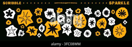 Crayon star icon set. Childrens star and award symbols. Vector doodles with firework flares and glimmering. Hand drawn paper cut collage Stock Vector