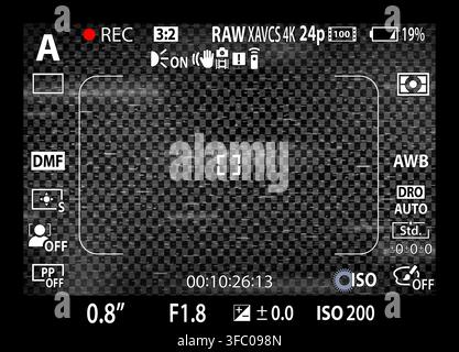 DSLR mirrorless camera rec overlay. Recorder cam display frame. Video or photo recording screen. CCTV black and white glitch effect filter. Viewfinder Stock Vector