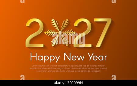 Golden New Year 2027 concept with snowflake on orange background. Vector Christmas greeting card illustration with golden numbers and snowflake with s Stock Vector