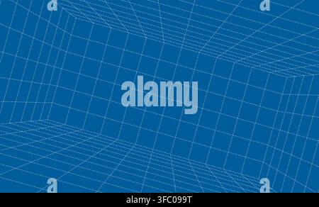 Grid box perspective 3d perspective digital background in blueprint style. Cyberspace wireframe laser mesh virtual reality metaverse abstract. VR game Stock Vector