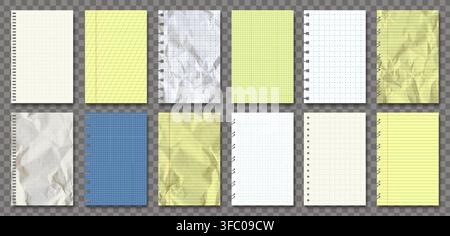 Vector realistic note paper pack isolated. White, retro, yellow and blue. New, torn, crumpled, jagged blueprint empty notebook sheets. Grid lines, cro Stock Vector