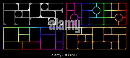 Rainbow and metal bento grid horizontal moodboard design mockup pack with shadows isolated on black background. Photo mosaic collage gallery template. Stock Vector