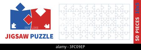 Detailed various shapes puzzle grid overlay. Jigsaw puzzle blank template outline. 10x5 shapes, 50 pieces. Separate matching puzzle elements. Vector i Stock Vector