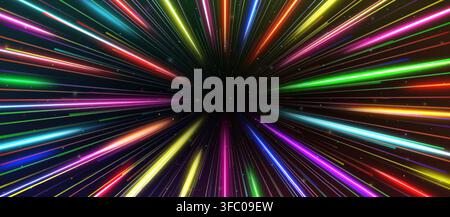 Realistic rainbow RGB spectrum hyperspace travel tunnel background. Abstract gradient with open space star warp. Speed of light journey concept. Vecto Stock Vector