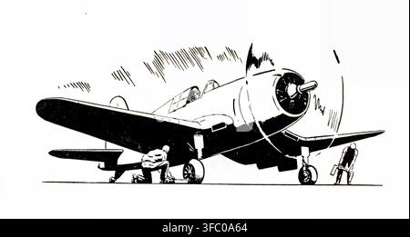 Black-and-white instructional line illustration of a single-engine, propeller-driven, radial-engine tailwheel U.S. Navy carrier-type aircraft on the ground as two maintenance personnel work beside it. Published in the 1945 Navy training manual Airplane Structures, prepared for the Bureau of Naval Personnel and Naval Air Technical Training Command. The image reflects World War II-era vocational instruction for enlisted naval aviation personnel. Stock Photo
