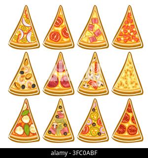 Vector Pizza Pieces Set, 12 cut out various labels for pizzeria on white background, top view triangular pieces of different kinds pizza, cartoon desi Stock Vector
