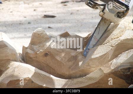 Professional chainsaw carving artistic wooden structure during daylight. Sharp detail on raw timber textures with sawdust particles in motion. Versati Stock Photo