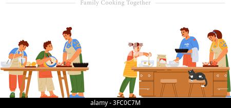 Happy family cooking together set showing parents and kids preparing food, baking, cutting ingredients, and mixing dough in kitchen flat vector Stock Vector