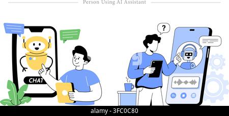 Person using AI assistant set showing users interacting with mobile chatbot applications, voice recognition, and virtual support flat vector Stock Vector