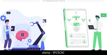 AI helping daily work vector set showing developers engineering machine learning systems and users interacting with virtual chatbot assistants flat Stock Vector