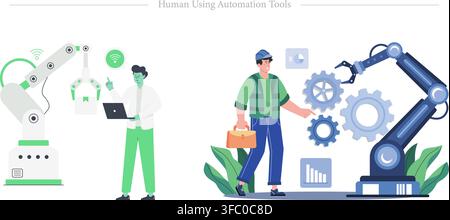 Human using automation tools set showing engineers controlling industrial robotic arm machines for smart manufacturing flat vector illustration Stock Vector