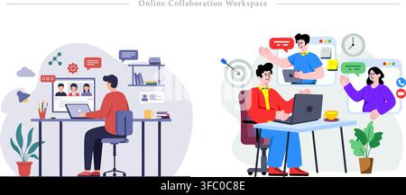 Online collaboration workspace set showing remote employees working on laptops, video conferencing, and team brainstorming flat vector illustration Stock Vector