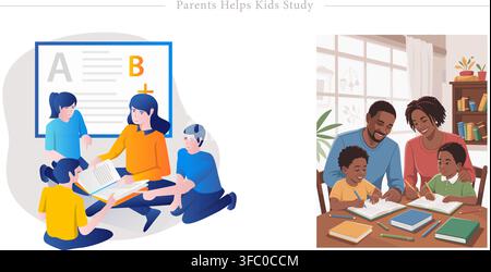 Parents and teacher helping kids study set, showing home education and classroom learning vector illustration. Stock Vector