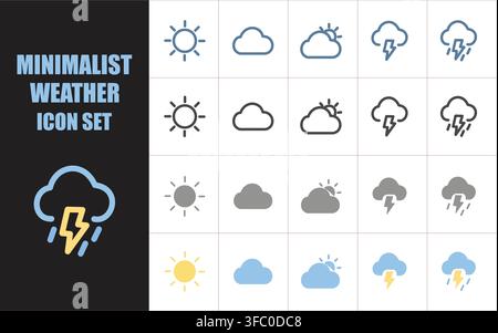 Minimalist weather icon set featuring sun cloud thunderstorm and rain symbols in line and flat styles for mobile application ui. Stock Vector