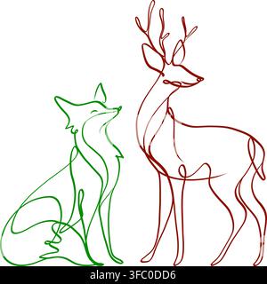 Minimalist one line drawings abstract art of a fox and deer with flowing continuous lines on a clean white background. Stock Vector