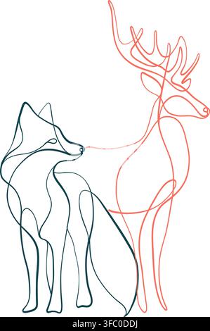 Minimalist one line drawings abstract art of a fox and deer with flowing continuous lines on a clean white background. Stock Vector