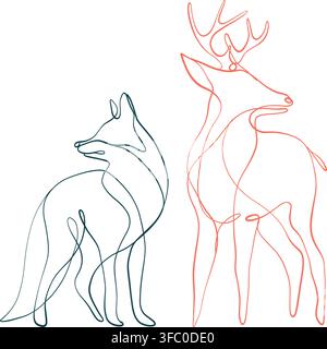 Minimalist one line drawings abstract art of a fox and deer with flowing continuous lines on a clean white background. Stock Vector
