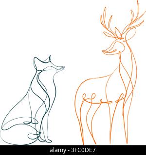 Minimalist one line drawings abstract art of a fox and deer with flowing continuous lines on a clean white background. Stock Vector