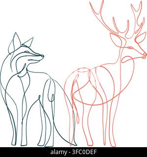 Minimalist one line drawings abstract art of a fox and deer with flowing continuous lines on a clean white background. Stock Vector