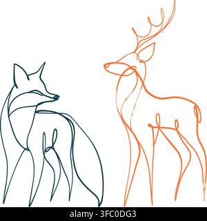 Minimalist one line drawings abstract art of a fox and deer with flowing continuous lines on a clean white background. Stock Vector