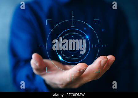 Business professional presenting a futuristic virtual interface, illustrating cybersecurity, digital transformation, data protection, authentication, Stock Photo