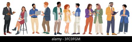 People stand together engaged in work conversation Stock Vector