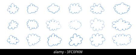 Cloud frame, fluffy border crayon doodle sticker with scallop badges. Set rounded blobs stickers. Scribble clouds pencil bubble. Kids Style, childlike drawing. Vector illustration Stock Vector