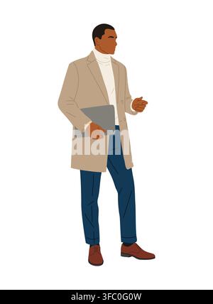 Man stands confidently, dressed in a beige coat Stock Vector