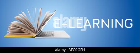 E learning combines technology and education for online learning experiences Stock Photo