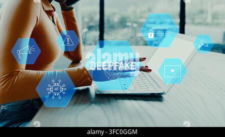 Deep fake technology displayed on a laptop screen at a modern workspace Stock Photo
