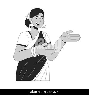 Smiling Indian woman wearing traditional saree gesturing line art character Stock Vector