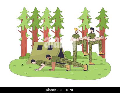 Military field camp fitness training 2D vector illustration Stock Vector
