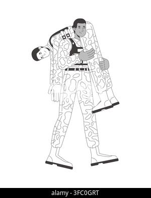 Military evacuation training fireman carry flat line illustration Stock Vector